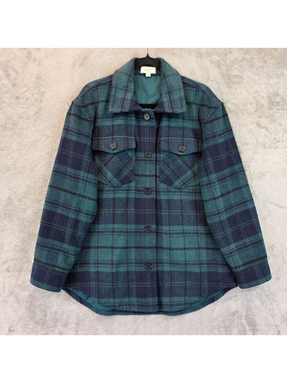 LOFT Shacket Womens S Green Blue Plaid Flannel Button Front Lined Mid Length